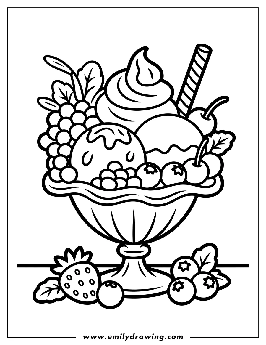 Coloring sheet featuring ice Cream Sundae