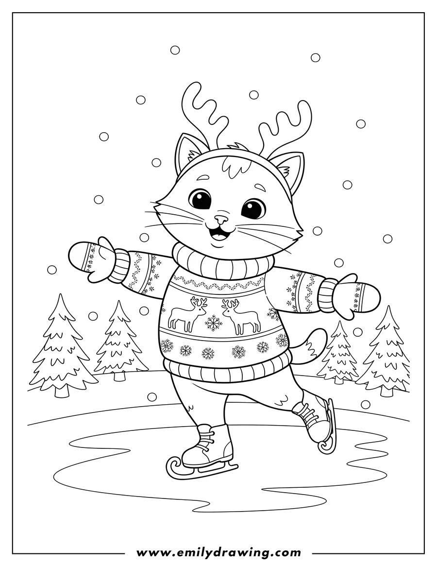 Full page coloring image of ice Skating Christmas Cat with reindeer antlers, wearing a reindeer sweater and mittens
