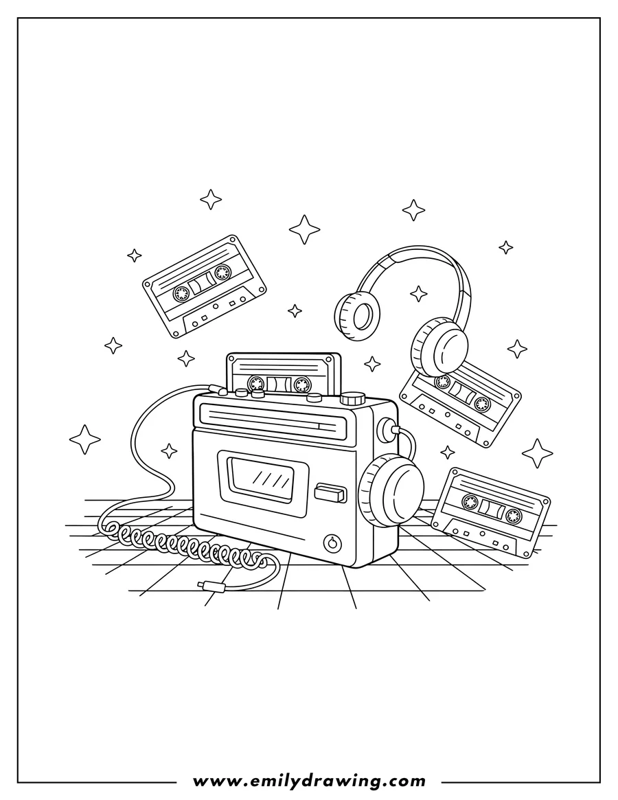 Full page coloring image of iconic 80S Walkman with a cassette tape inserted and a headphone cord, surrounded by cassette tapes, stars, and a grid floor