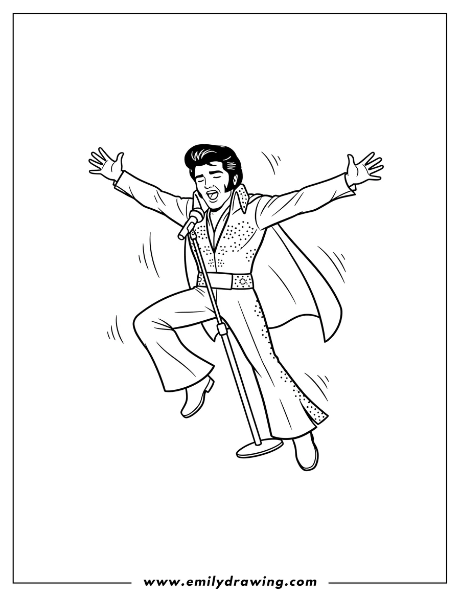 High quality printable iconic Elvis Presley Dance Moves: Elvis jumping and singing for coloring