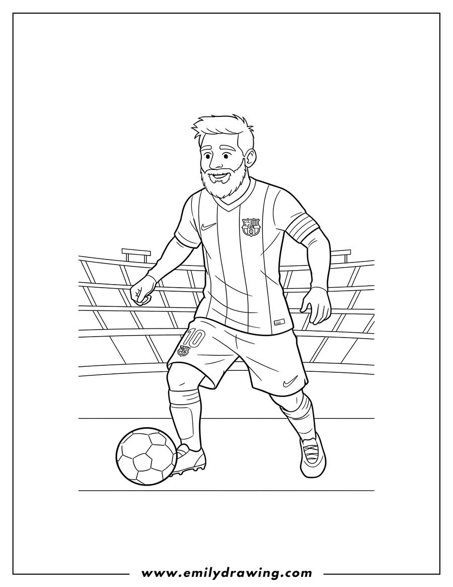 Free to print drawing of iconic Messi Striped Barcelona Kit, wearing number 10, with a beard