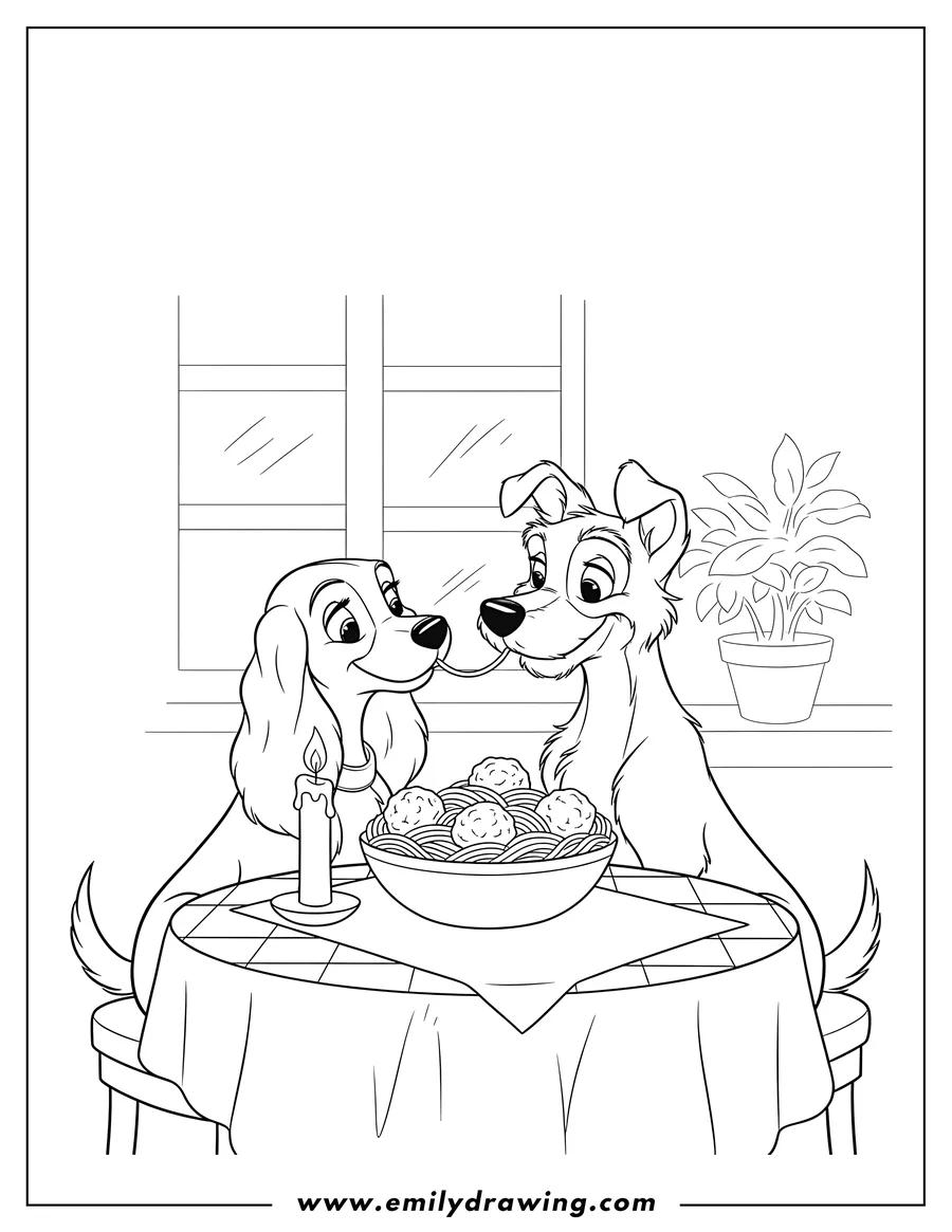PDF style coloring page: iconic Lady And Tramp Spaghetti Kiss, sharing a plate of spaghetti and meatballs at a candlelit table