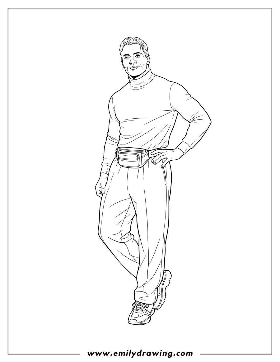 Free to print drawing of iconic Teenage Dwayne Rock Johnson wearing a turtleneck and fanny pack, leaning