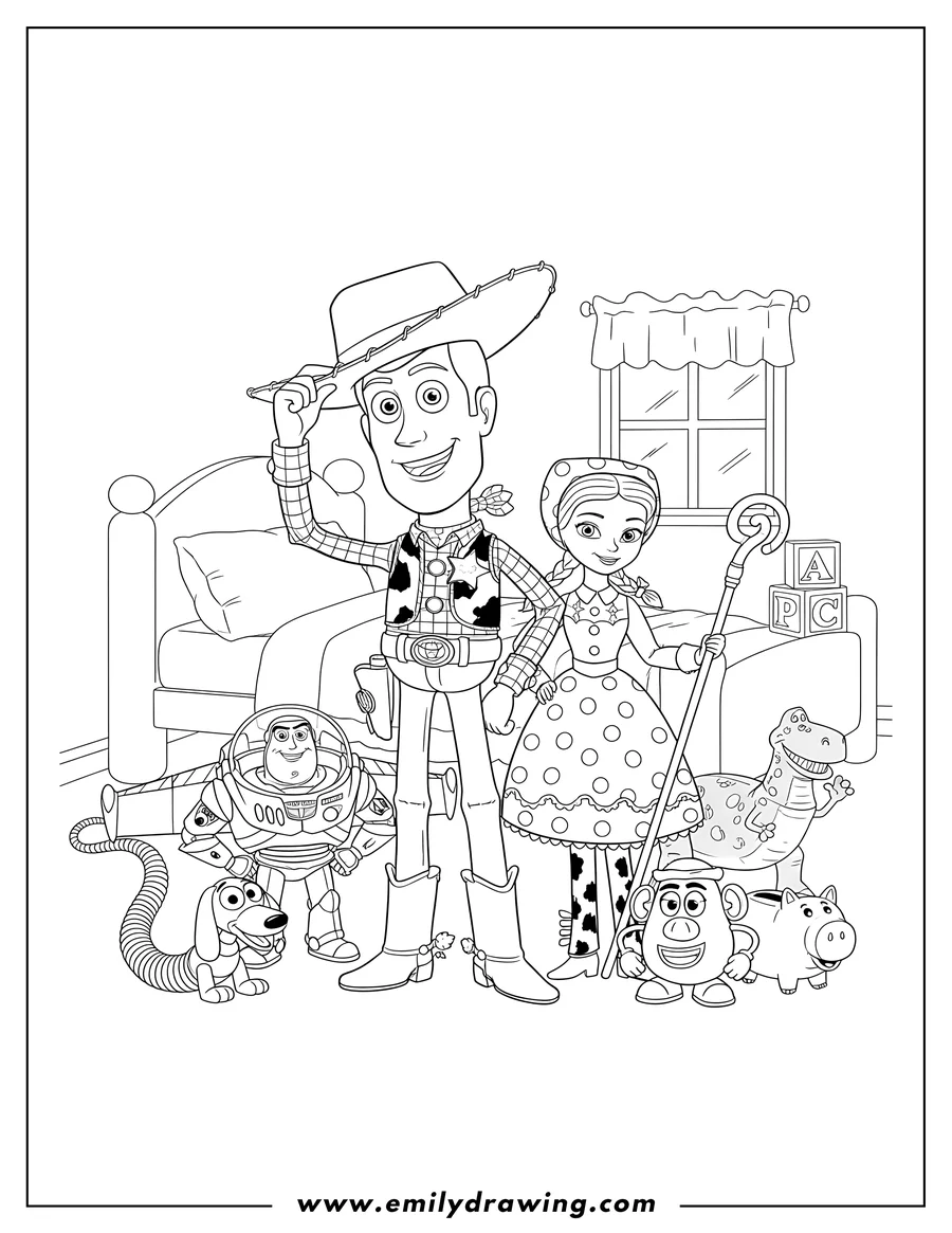 Printable coloring page of iconic Toy Story Characters Scaled, featuring Woody tipping his hat, Bo Peep with her staff, and their friends