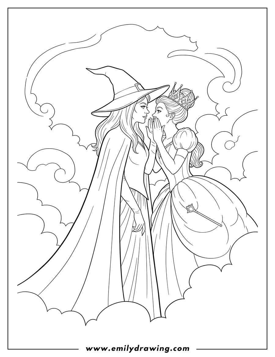 High quality printable iconic Wicked Poster, Elphaba in a witch's hat, Glinda with a crown whispering in Elphaba's ear, her hand covering her mouth for coloring