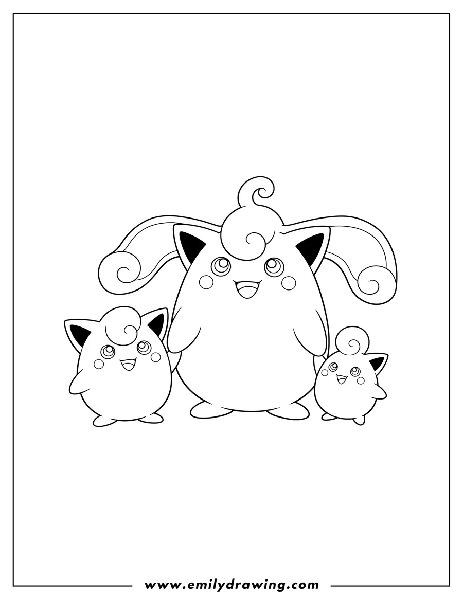 PDF style coloring page: igglybuff Jigglypuff and Wigglytuff together, smiling