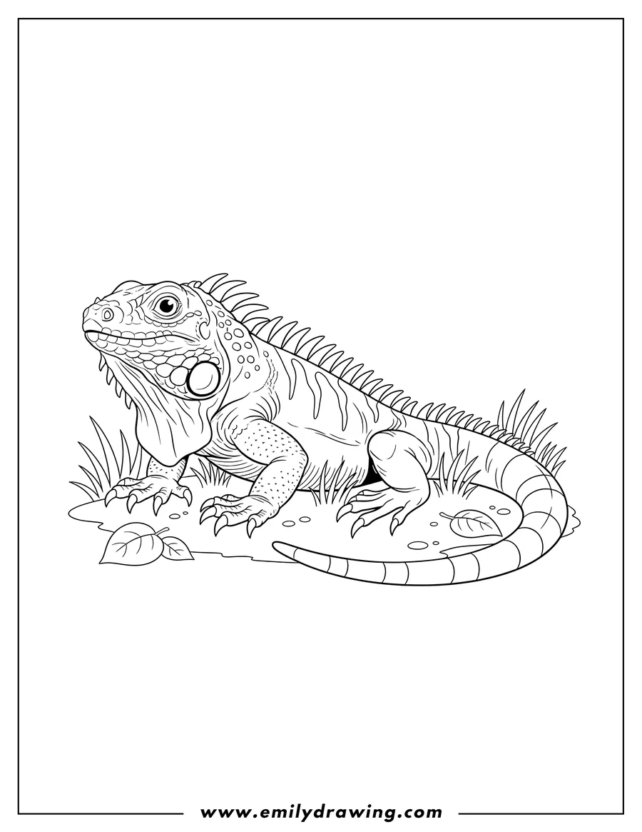 Full page coloring image of iguana With Sharp Claws On Grass, with a spiky back and a long, striped tail