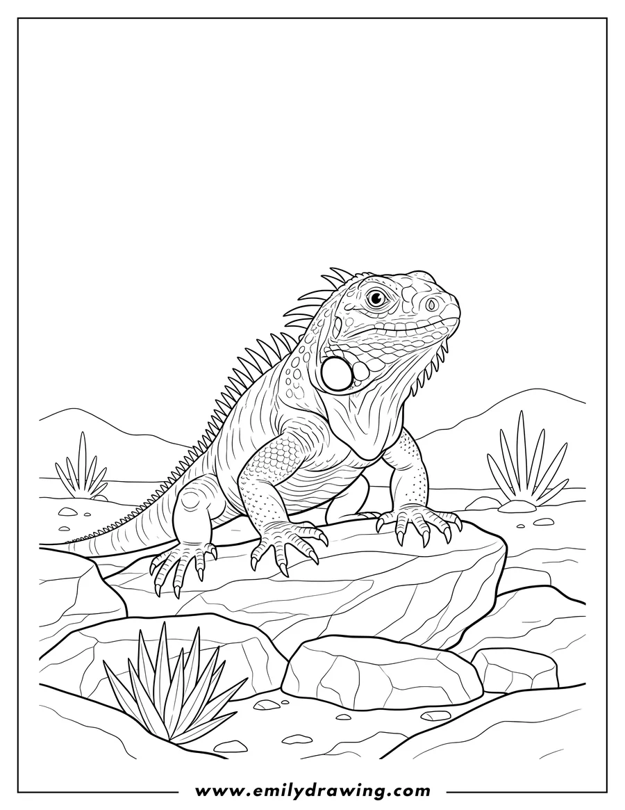 High quality printable iguana with a spiky crest walking over rocks, looking forward for coloring