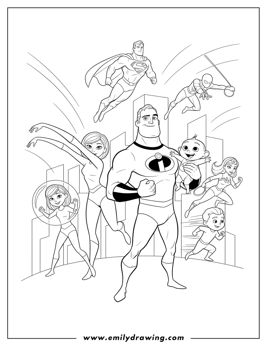 Clean line drawing: incredibles Family and Other Superheroes in Action, with Mr. Incredible holding Jack-Jack