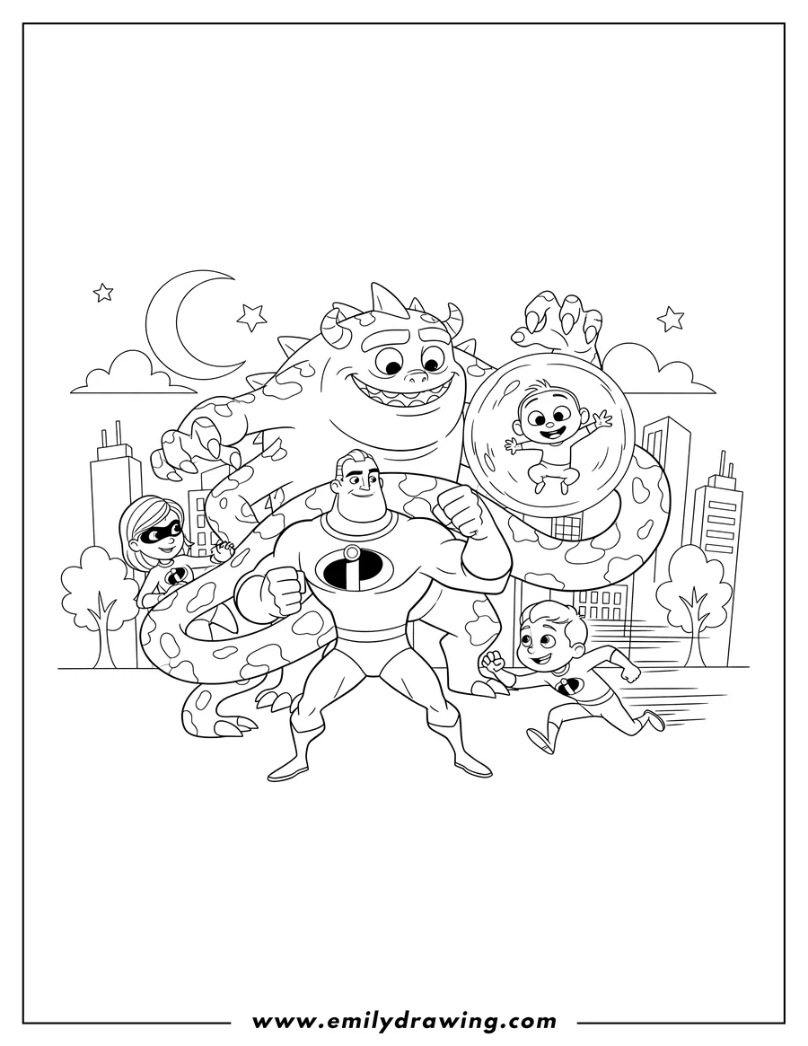 High quality printable incredibles Family Fighting a monster, with Mr. Incredible clenching his fist and Dash running for coloring