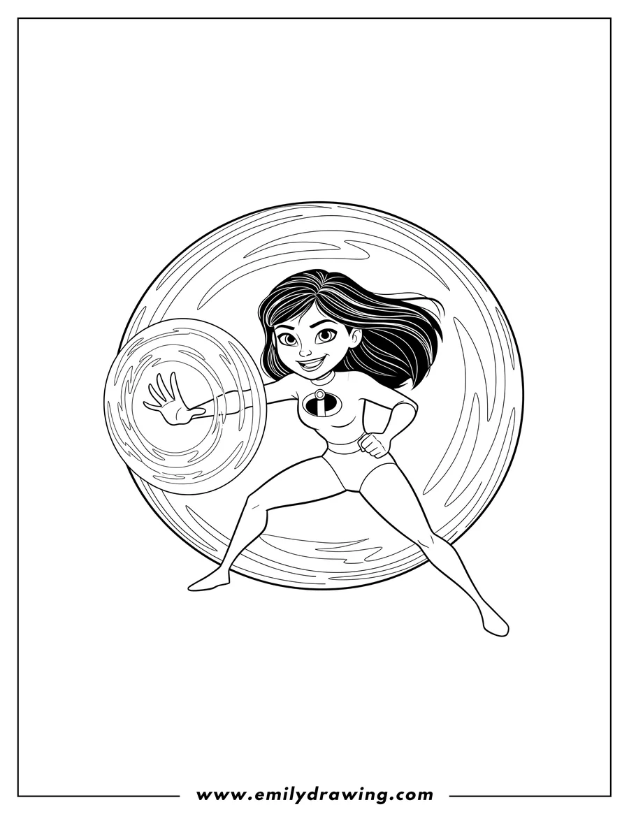 Free to print drawing of incredibles Violet in an action pose using her force field, smiling