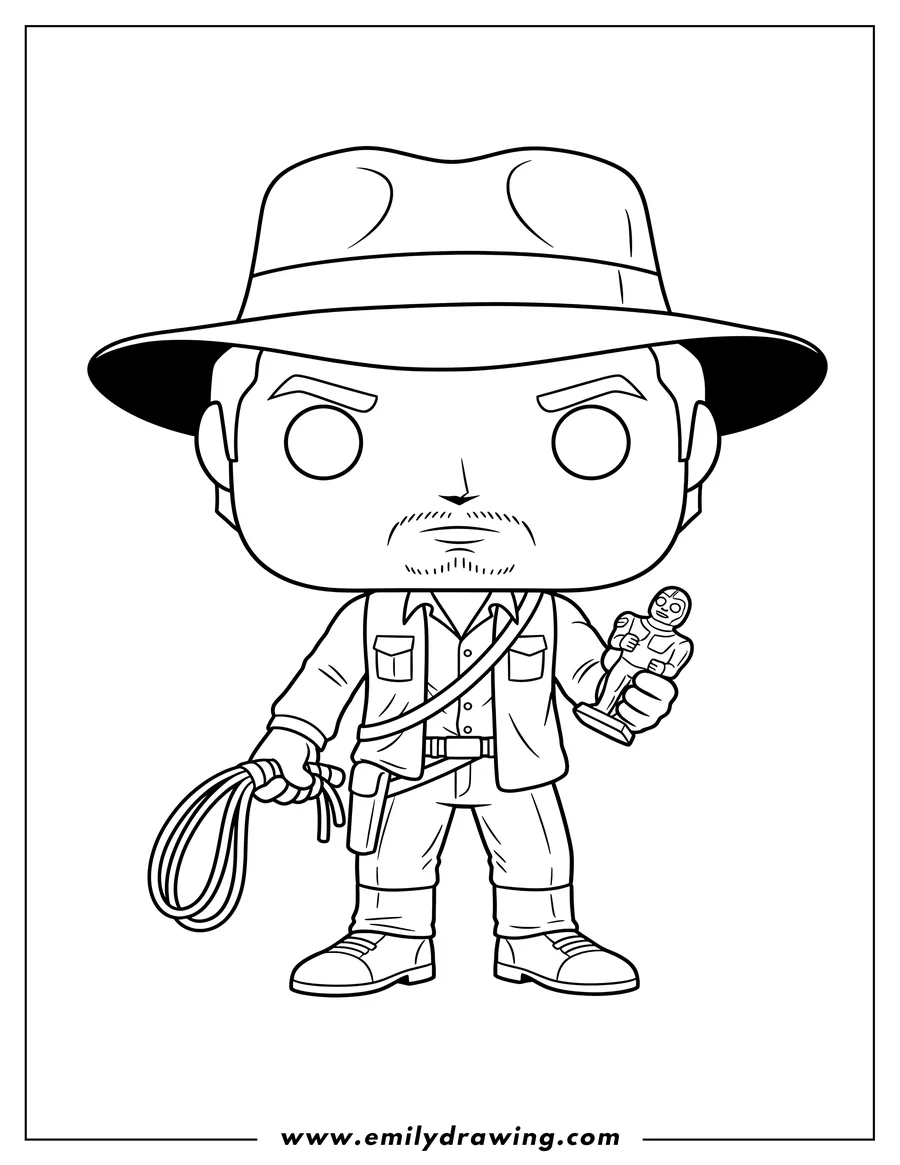 Simple sketch of indiana Jones Funko Pop holding a whip and an idol to color