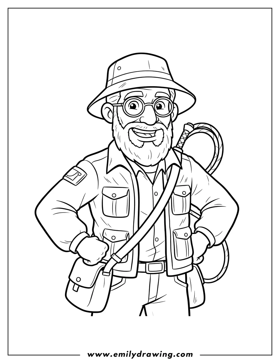 Simple sketch of indiana Jones wearing a bucket hat, glasses, and a beard, in a jacket to color