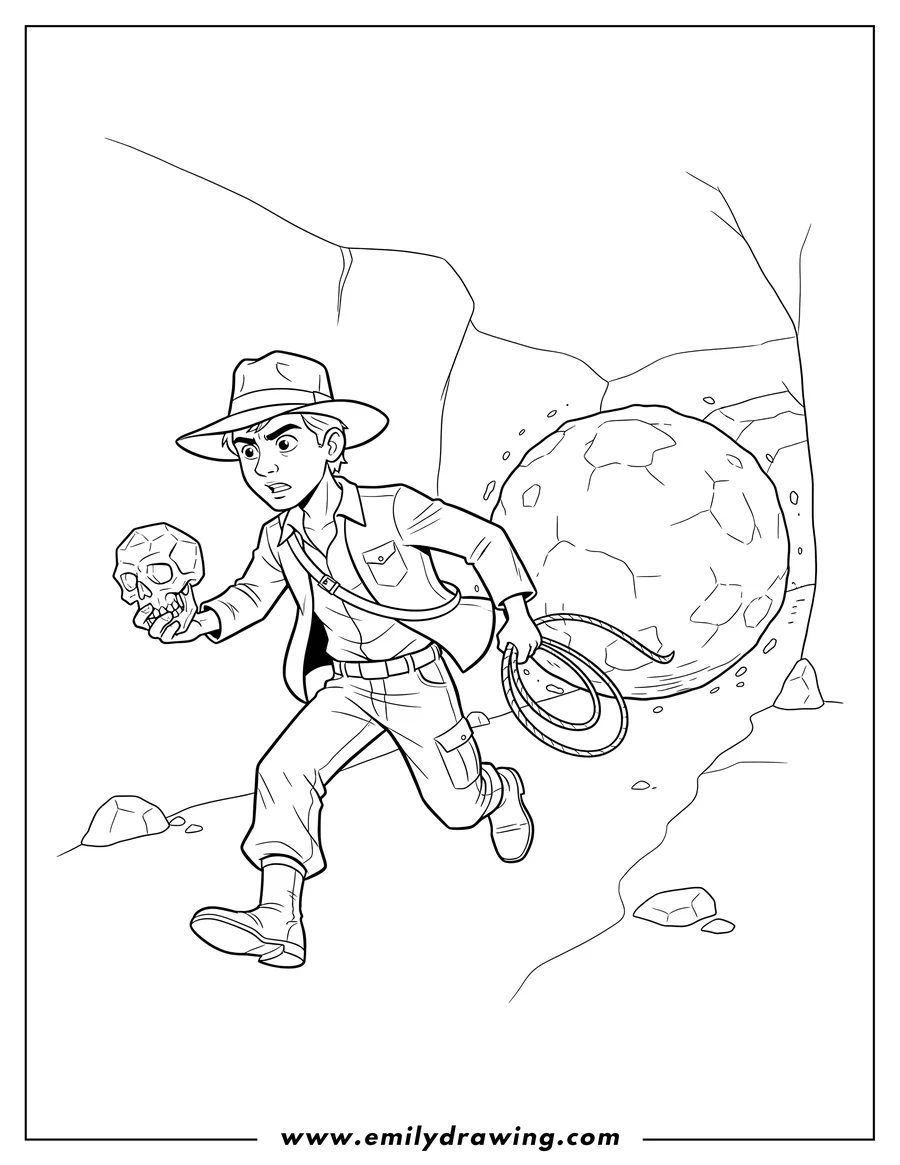 Vector style outline of indiana Jones running from a giant boulder, clutching a crystal skull and holding his whip