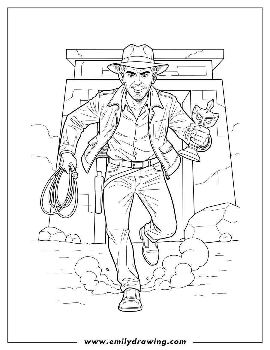 Outline drawing of indiana Jones running away with an artifact, holding a whip and with a determined expression