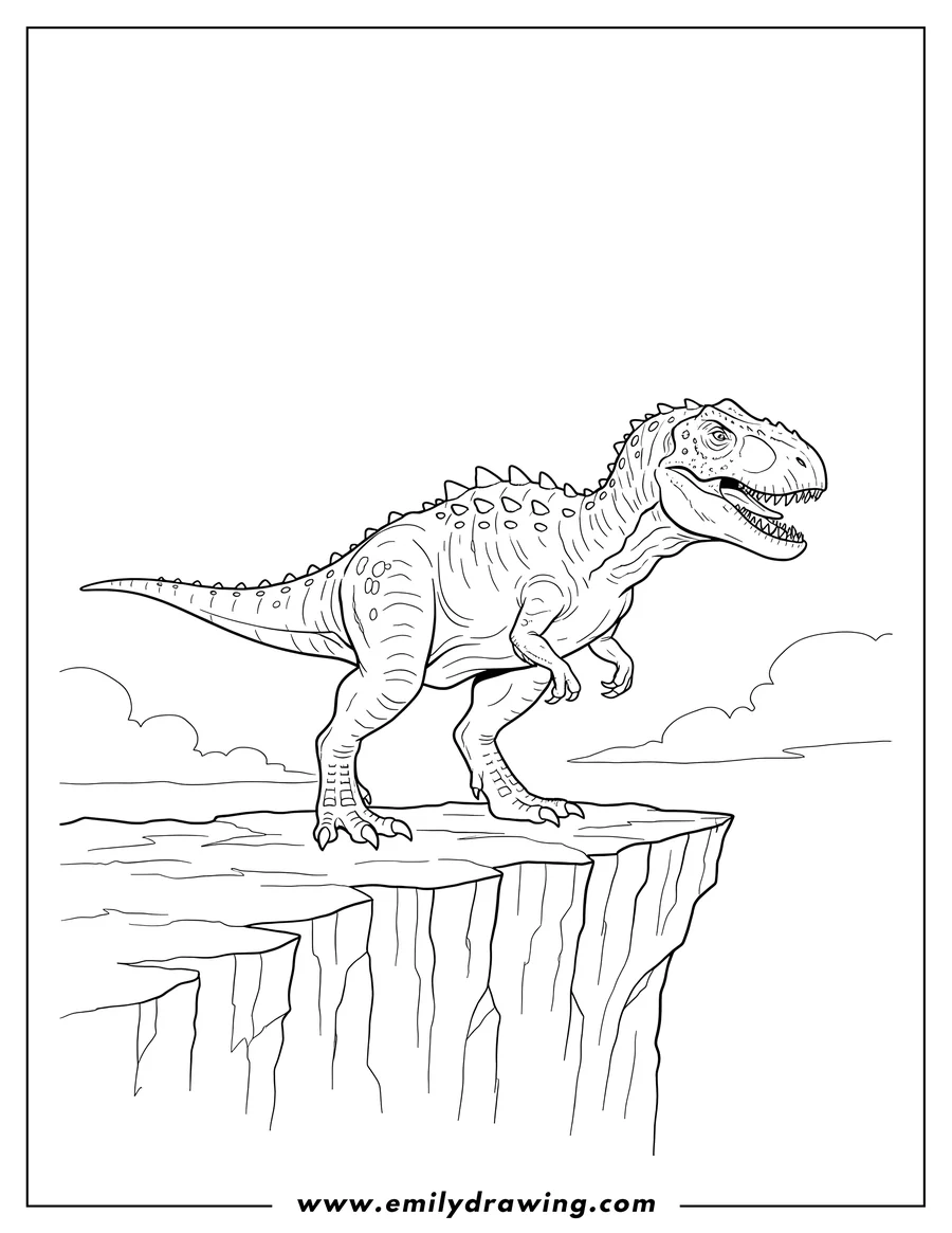 Simple sketch of indominus Rex Standing On Cliff with a spiky back, looking to the side to color