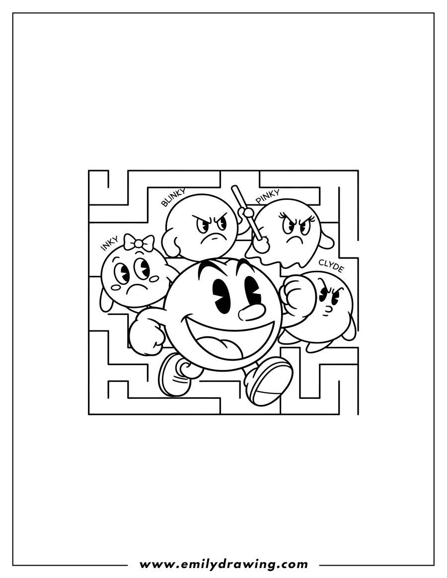 Vector style outline of inky Blinky Pinky And Clyde Ghosts Chasing Pac Man Maze, with Pac-Man smiling and running, and an angry ghost holding a stick