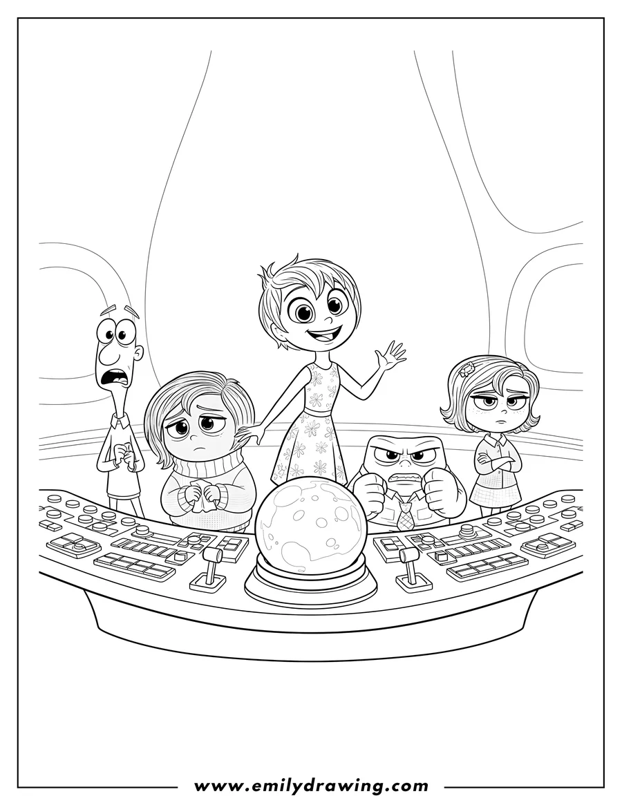 Coloring page of inside Out characters at the control panel