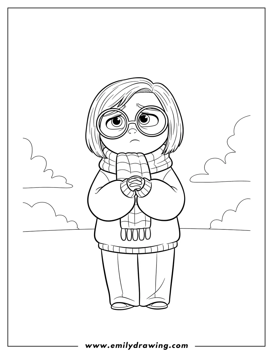 Clean line drawing: inside Out Sadness wearing glasses, scarf, and arms clasped