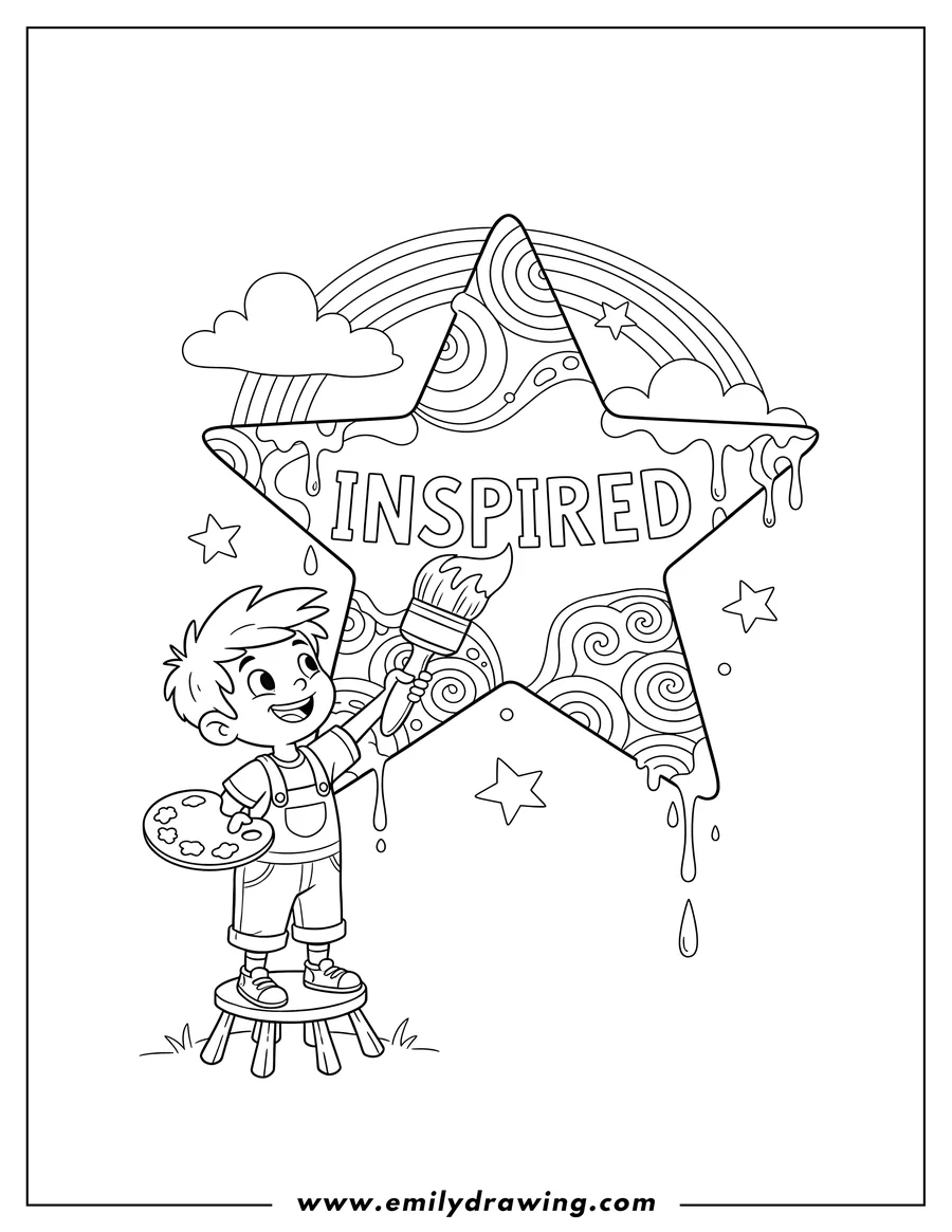 Coloring sheet featuring inspired boy painting the word INSPIRED on a star
