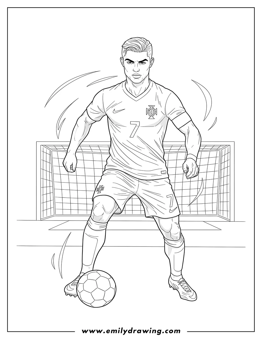 Outline drawing of cristiano Ronaldo dribbling a soccer ball, looking focused