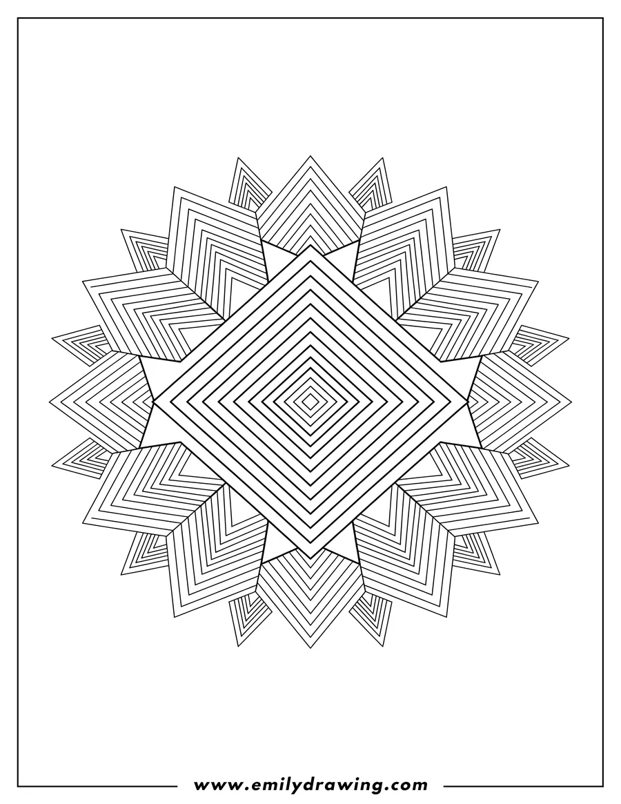 Full page coloring image of interconnected Diamon Geometric Patterns with triangular shapes and a repeating layered design
