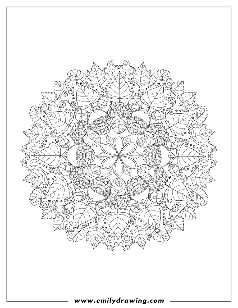 Simple sketch of intricate Autumn Mandala With Acorns, Pinecones, and a variety of fall leaves to color