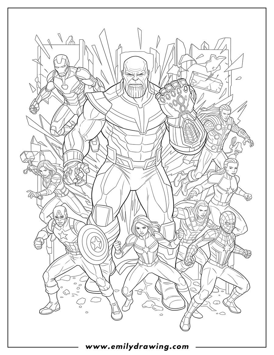 Coloring page of intricate Avengers group with Thanos