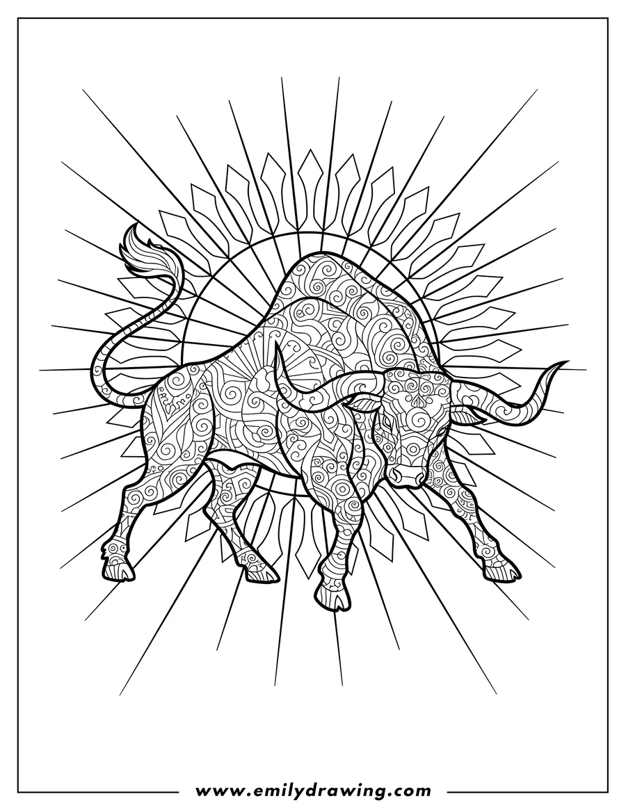 Printable coloring page of intricate Bull Stained Glass Adults coloring page, with head down and radiating background