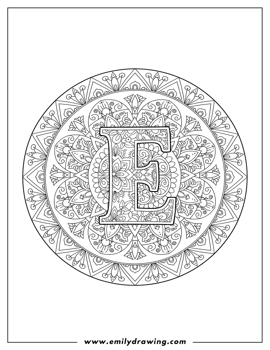 Black and white line art of intricate Capital Letter E Mandala Coloring Page