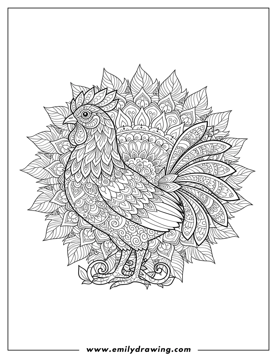 Simple sketch of intricate Chicken Mandala With Decorative Feathers, standing in side profile to color
