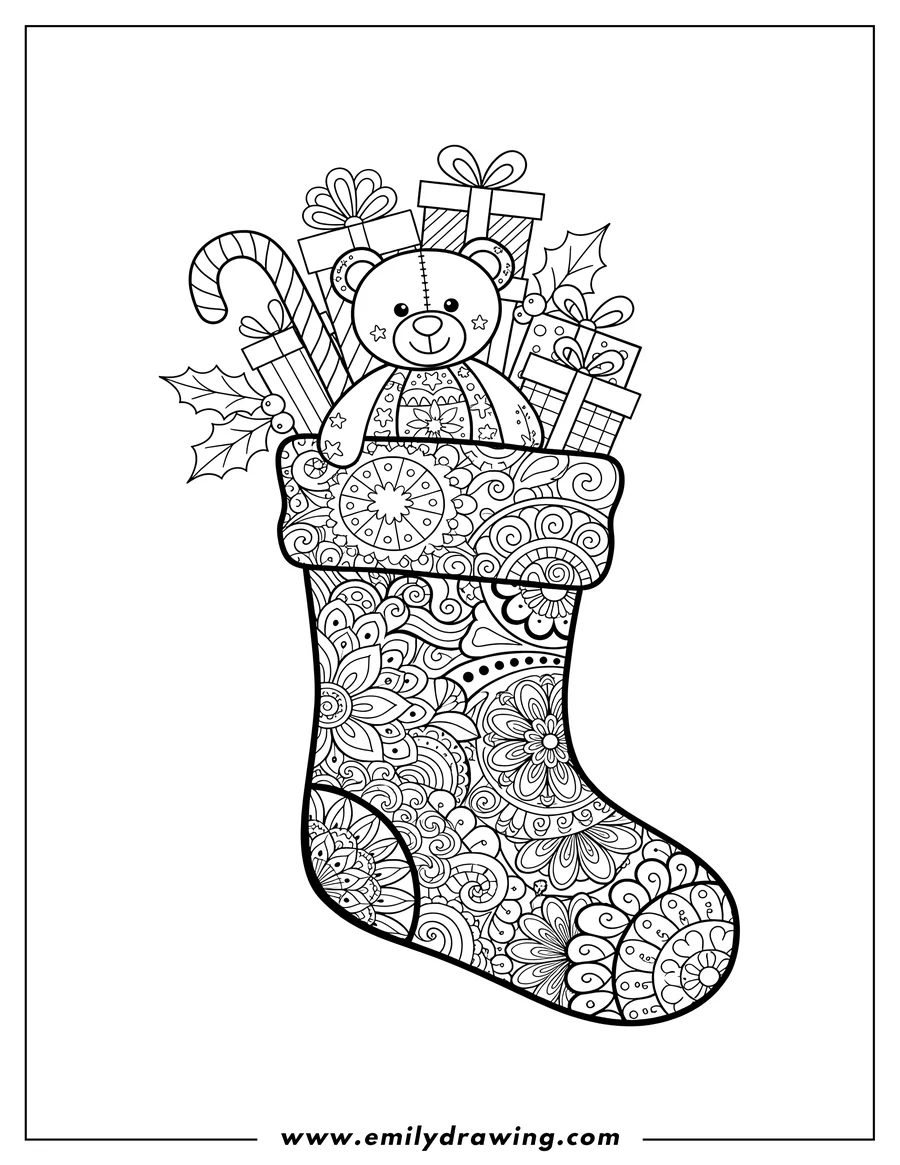 Vector style outline of intricate Christmas Stocking Zentangle, stuffed with a teddy bear, candy cane, presents, and holly leaves, Adultsv2
