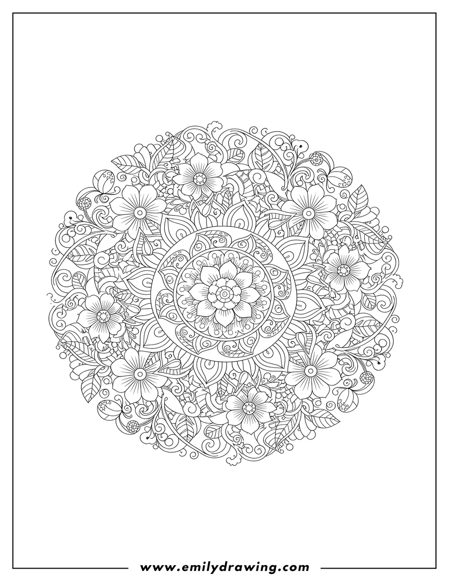 Free to print drawing of intricate circular Zentangle pattern of flowers and leaves, coloring page