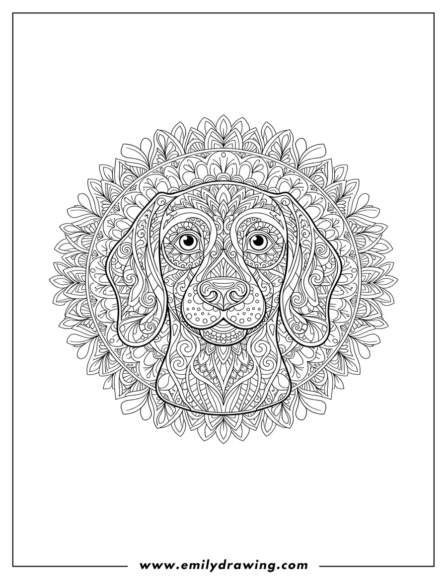 Black and white line art of intricate Dog Face Mandala in profile with floppy ears