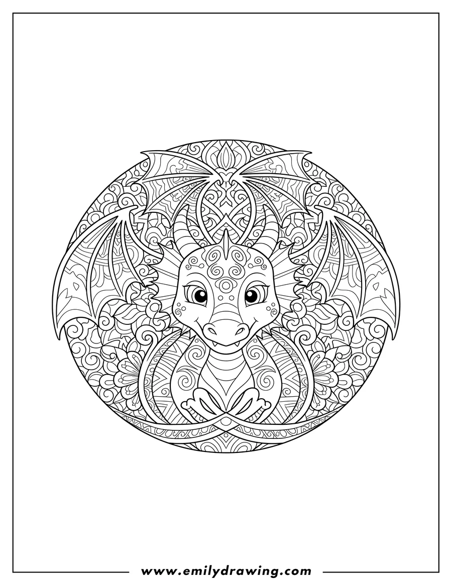 Downloadable coloring page of intricate Dragon Mandala with a dragon's head and wings