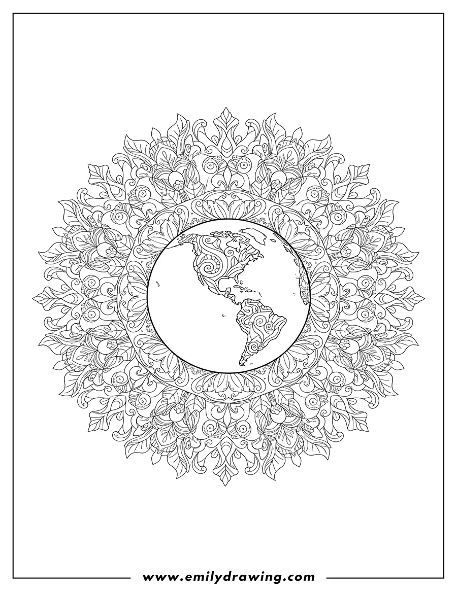 Coloring page for kids: intricate Earth Mandala showing North and South America, with ornate leaf patterns