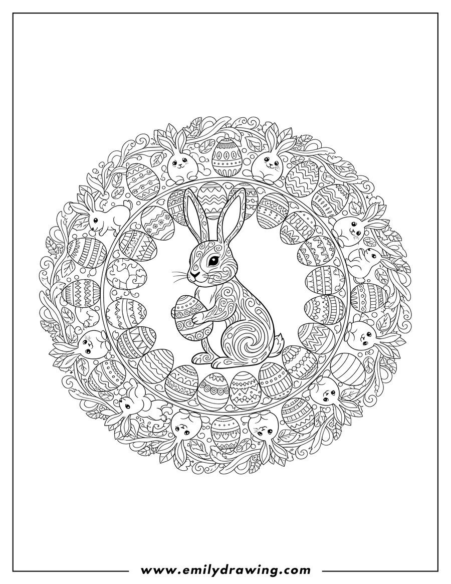 High quality printable intricate Easter Bunny Mandala with a central bunny holding an egg, mini bunnies, patterned eggs, and leaves for coloring
