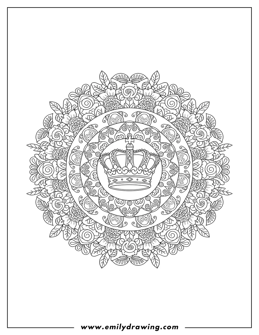Simple sketch of intricate Elegant Floral Mandala Design with a Royal Crown centered inside to color