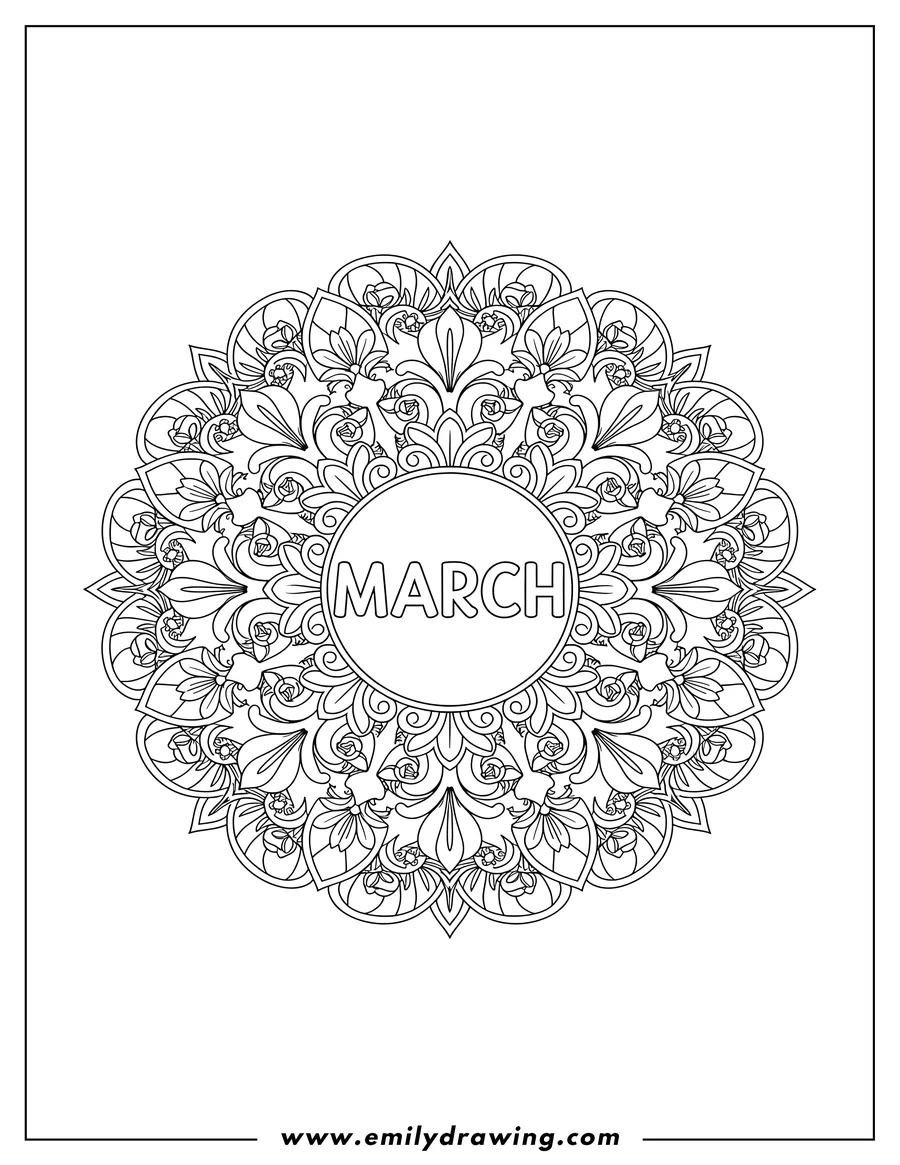Doodle style coloring picture of intricate black and white outline flower mandala with symmetrical floral and scroll-like patterns and the word 'MARCH' in the center