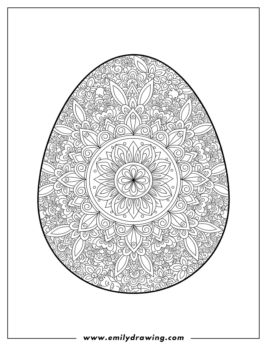 Linear illustration of intricate flower mandala Easter egg, with floral and paisley patterns