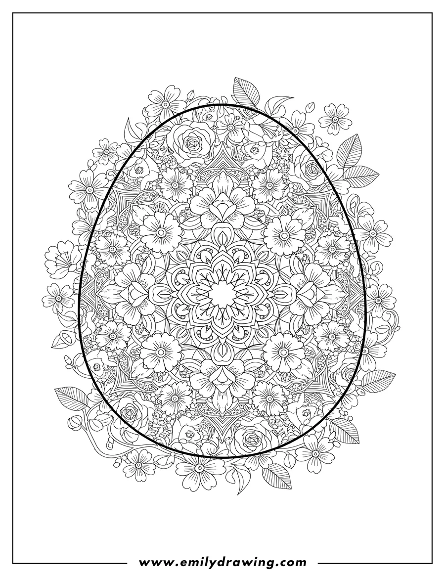 Doodle style coloring picture of intricate Flower Mandala On Easter Egg, framed by flowers and leaves