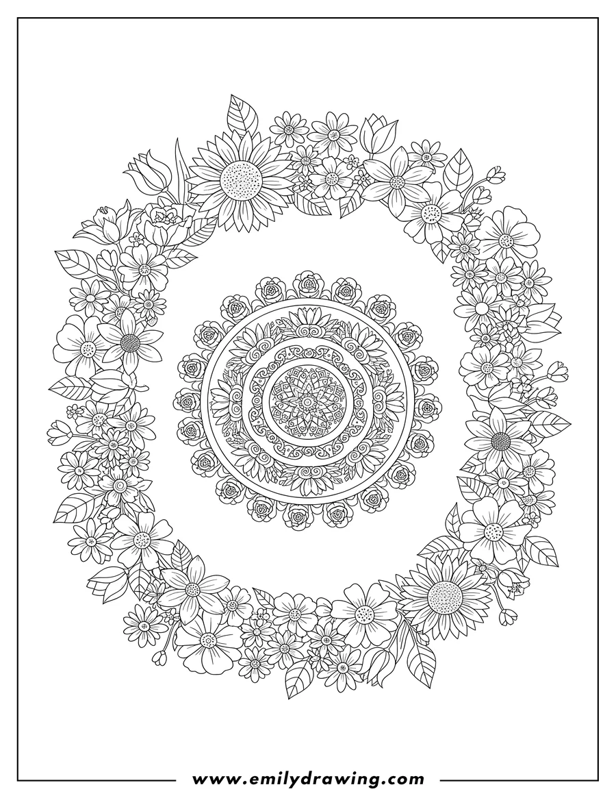 Full page coloring image of intricate Flower Mandala with various blooming flowers surrounding it