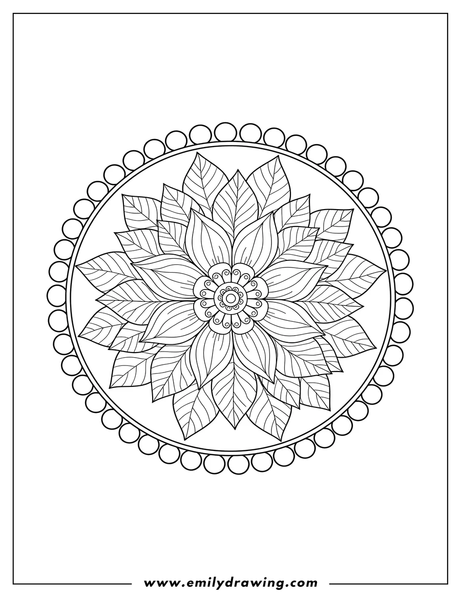 Doodle style coloring picture of intricate Flower Mandala with Leafy Petals and a Dotted Edge