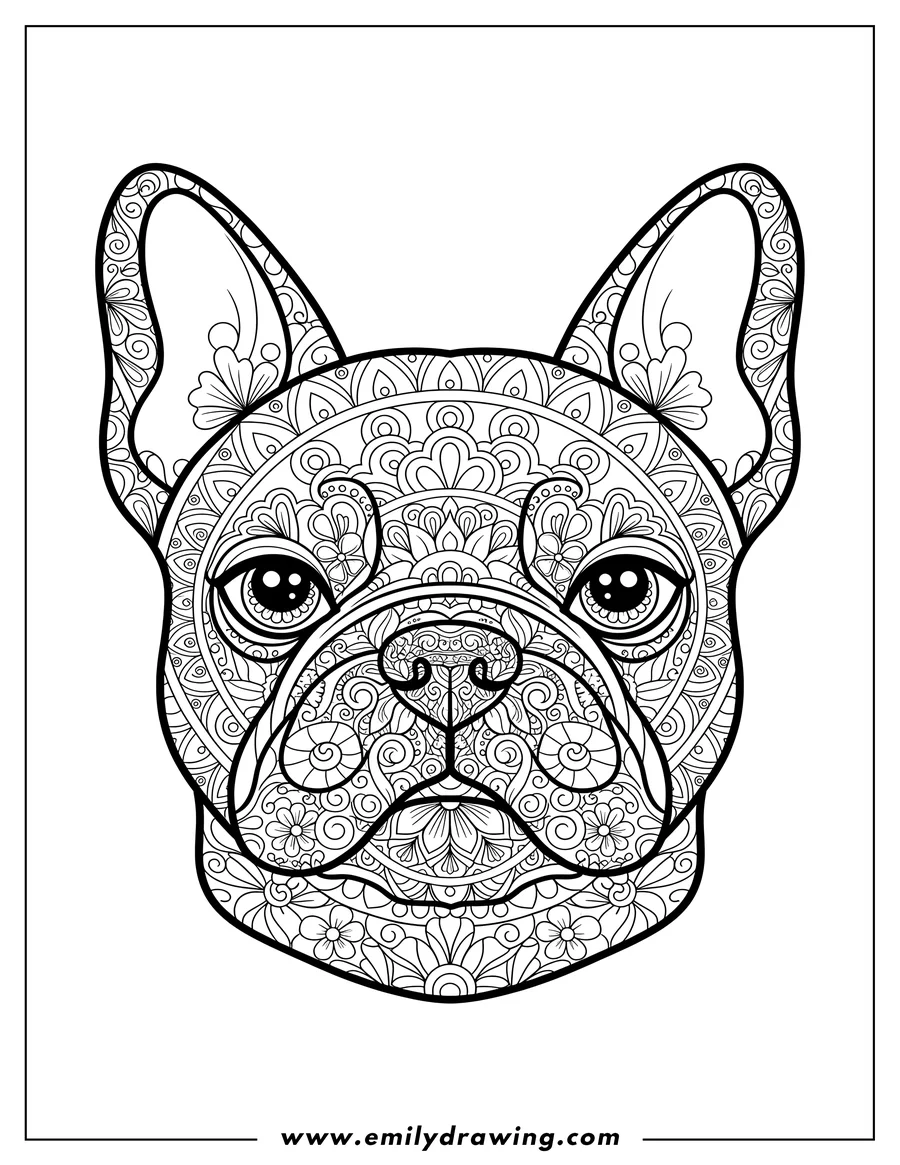 Printable coloring page of intricate French Bulldog head Mandala