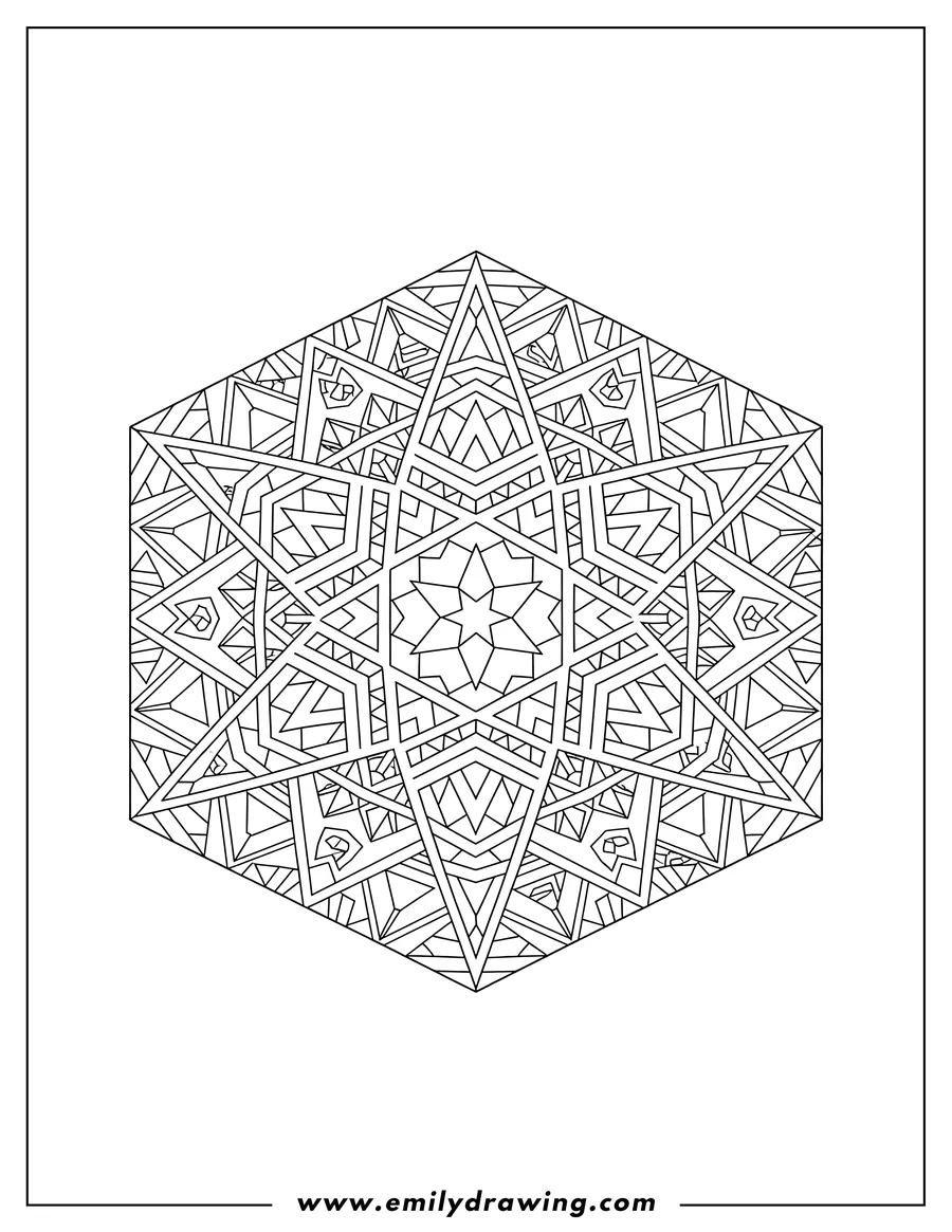 Black and white line art of intricate Geometric Hexagram Patterns with interlocking hexagons and diverse triangular designs