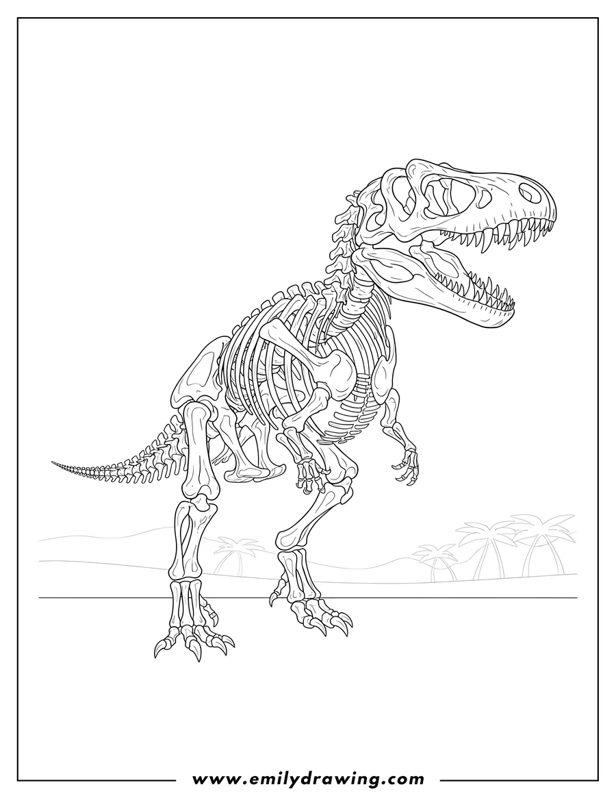 Printable coloring page of intricate Gigantosaurus skeleton