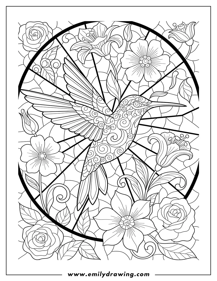 Clean line drawing: intricate Hummingbird flying with spread wings Surrounded By Flowers and Buds Stained Glass