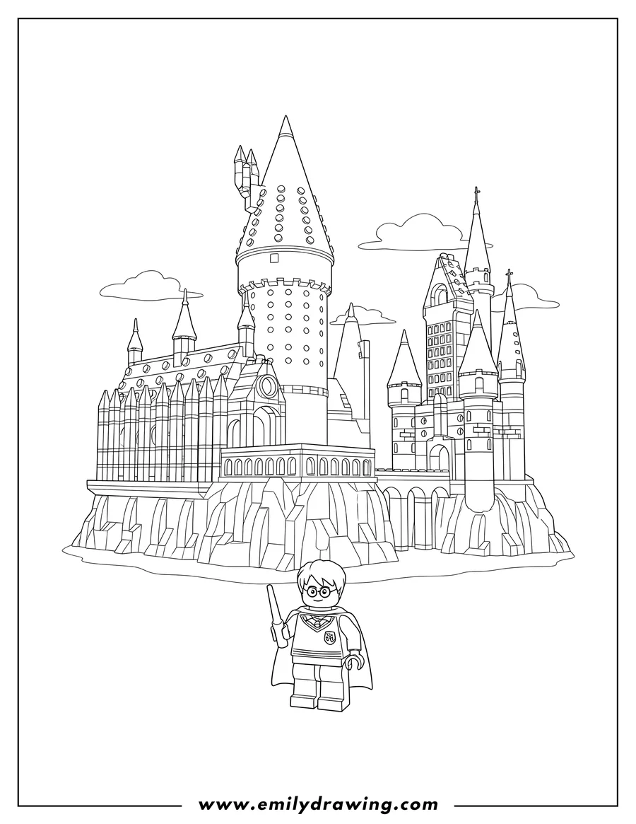 Doodle style coloring picture of intricate Lego Hogwarts castle with a Harry Potter minifigure holding a wand