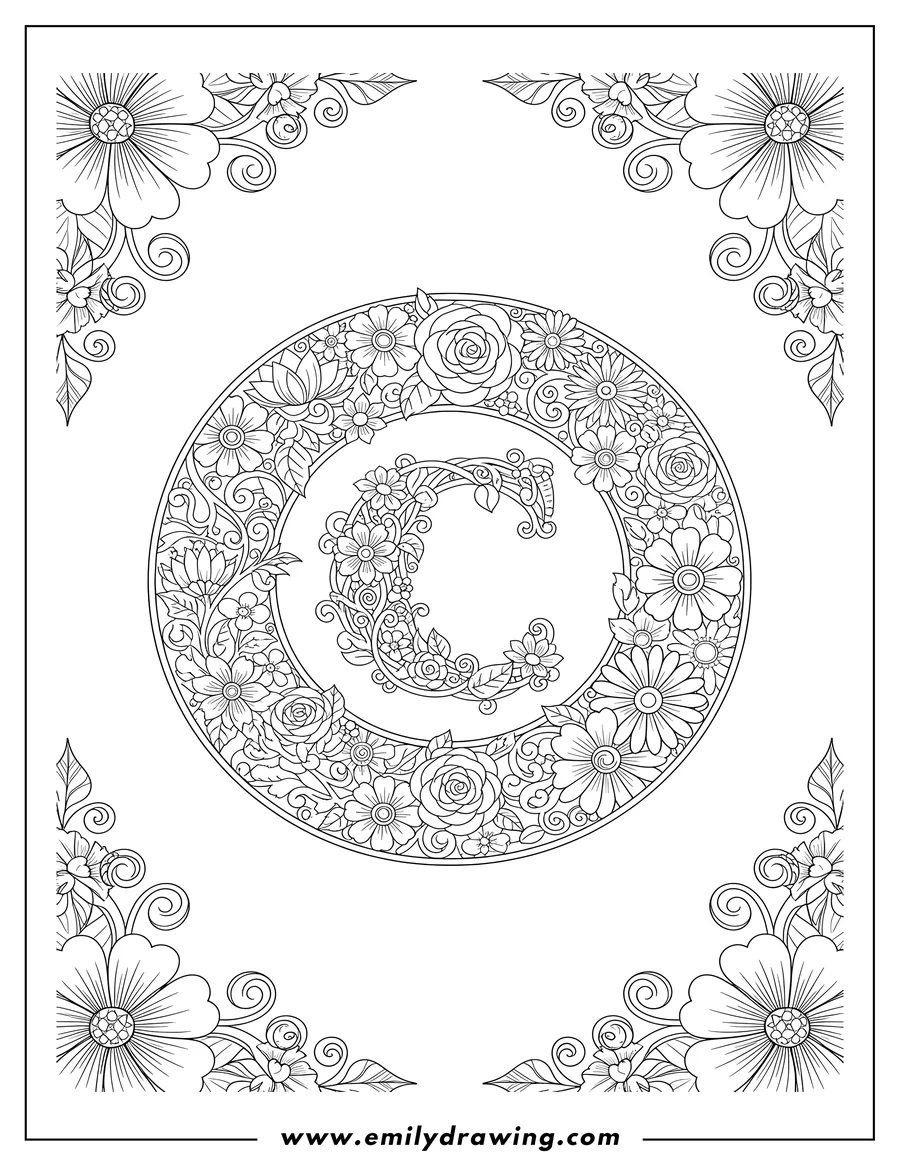 Linear illustration of intricate Letter C Mandala with floral patterns and corner blossoms