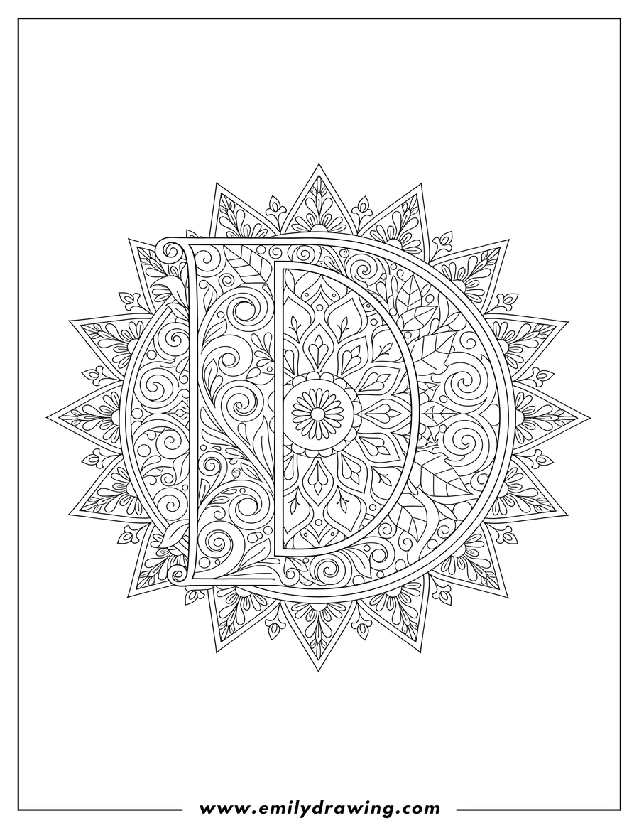 Linear illustration of intricate Letter D Mandala coloring page, filled with geometric and leaf patterns